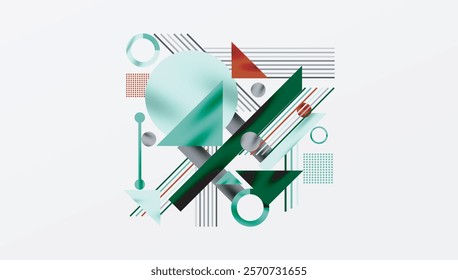 Geometric Abstract Background with Bold Shapes and Contrasting Colors. Circles, triangles, squares and lines with shadow effect