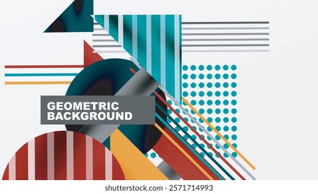 Geometric Abstract Background with Bold Shapes and Contrasting Colors. Circles, triangles, squares and lines with shadow effect