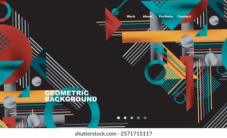 Geometric Abstract Background with Bold Shapes and Contrasting Colors. Circles, triangles, squares and lines with shadow effect