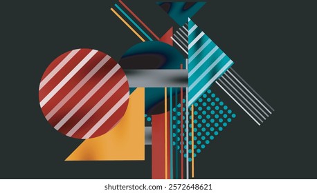 Geometric Abstract Background with Bold Shapes and Contrasting Colors. Circles, triangles, squares and lines with shadow effect