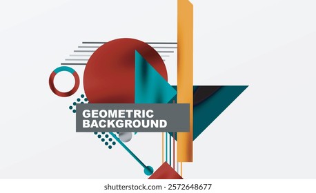 Geometric Abstract Background with Bold Shapes and Contrasting Colors. Circles, triangles, squares and lines with shadow effect