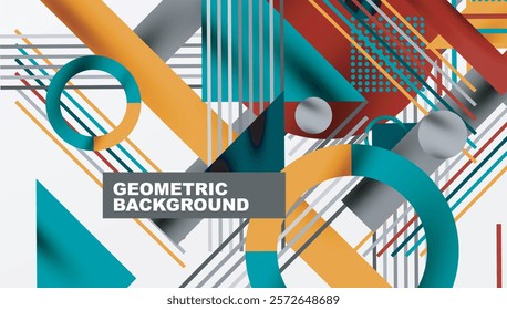 Geometric Abstract Background with Bold Shapes and Contrasting Colors. Circles, triangles, squares and lines with shadow effect