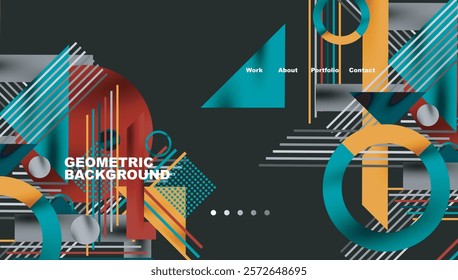 Geometric Abstract Background with Bold Shapes and Contrasting Colors. Circles, triangles, squares and lines with shadow effect