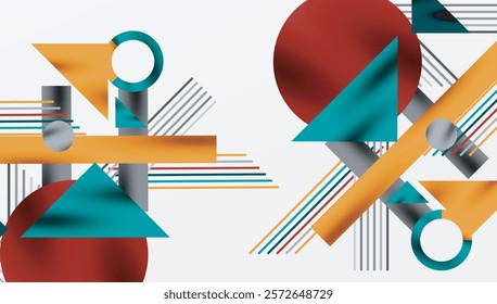 Geometric Abstract Background with Bold Shapes and Contrasting Colors. Circles, triangles, squares and lines with shadow effect