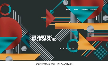 Geometric Abstract Background with Bold Shapes and Contrasting Colors. Circles, triangles, squares and lines with shadow effect