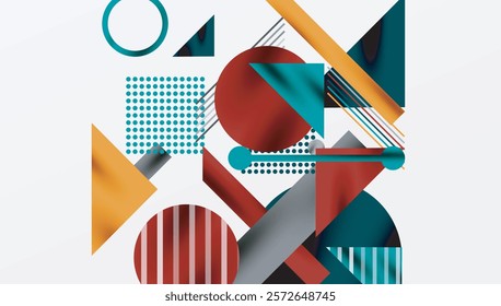 Geometric Abstract Background with Bold Shapes and Contrasting Colors. Circles, triangles, squares and lines with shadow effect