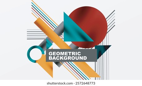 Geometric Abstract Background with Bold Shapes and Contrasting Colors. Circles, triangles, squares and lines with shadow effect