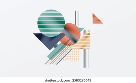 Geometric Abstract Background with Bold Shapes and Contrasting Colors. Circles, triangles, squares and lines with shadow effect