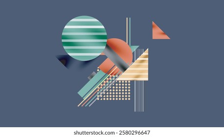 Geometric Abstract Background with Bold Shapes and Contrasting Colors. Circles, triangles, squares and lines with shadow effect