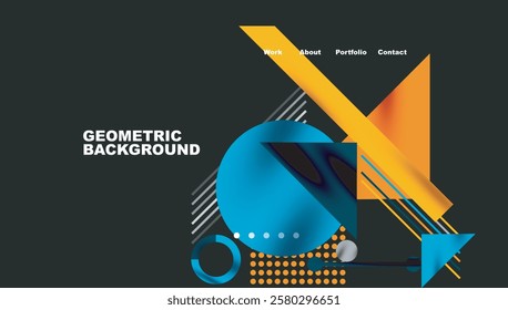 Geometric Abstract Background with Bold Shapes and Contrasting Colors. Circles, triangles, squares and lines with shadow effect