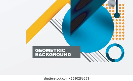 Geometric Abstract Background with Bold Shapes and Contrasting Colors. Circles, triangles, squares and lines with shadow effect