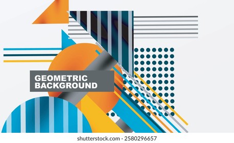 Geometric Abstract Background with Bold Shapes and Contrasting Colors. Circles, triangles, squares and lines with shadow effect