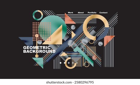 Geometric Abstract Background with Bold Shapes and Contrasting Colors. Circles, triangles, squares and lines with shadow effect