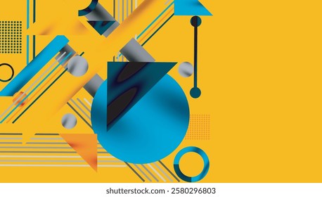 Geometric Abstract Background with Bold Shapes and Contrasting Colors. Circles, triangles, squares and lines with shadow effect