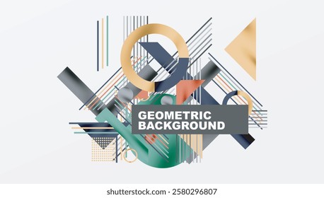 Geometric Abstract Background with Bold Shapes and Contrasting Colors. Circles, triangles, squares and lines with shadow effect