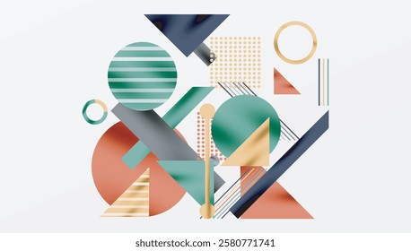 Geometric Abstract Background with Bold Shapes and Contrasting Colors. Circles, triangles, squares and lines with shadow effect