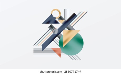 Geometric Abstract Background with Bold Shapes and Contrasting Colors. Circles, triangles, squares and lines with shadow effect