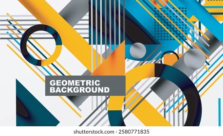 Geometric Abstract Background with Bold Shapes and Contrasting Colors. Circles, triangles, squares and lines with shadow effect