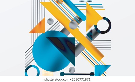 Geometric Abstract Background with Bold Shapes and Contrasting Colors. Circles, triangles, squares and lines with shadow effect