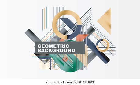 Geometric Abstract Background with Bold Shapes and Contrasting Colors. Circles, triangles, squares and lines with shadow effect