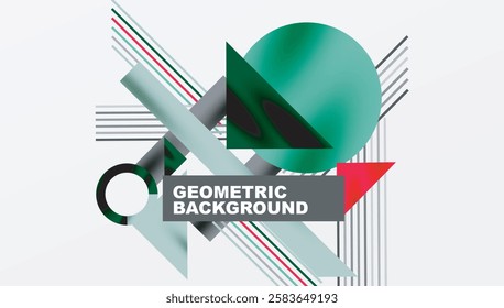 Geometric Abstract Background with Bold Shapes and Contrasting Colors. Circles, triangles, squares and lines with shadow effect