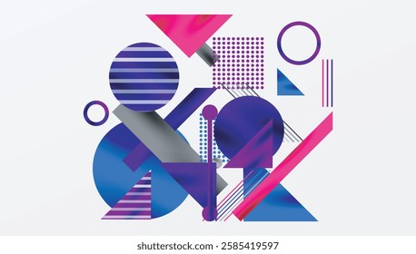 Geometric Abstract Background with Bold Shapes and Contrasting Colors. Circles, triangles, squares and lines with shadow effect