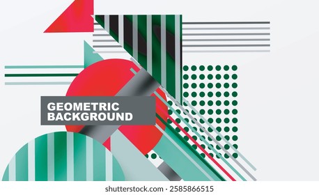 Geometric Abstract Background with Bold Shapes and Contrasting Colors. Circles, triangles, squares and lines with shadow effect