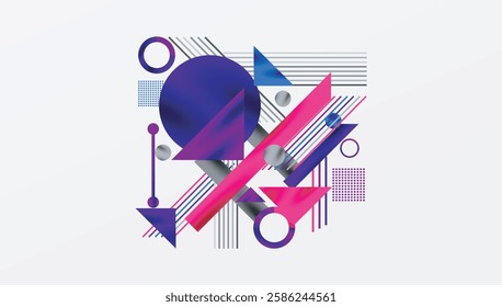 Geometric Abstract Background with Bold Shapes and Contrasting Colors. Circles, triangles, squares and lines with shadow effect