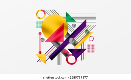 Geometric Abstract Background with Bold Shapes and Contrasting Colors. Circles, triangles, squares and lines with shadow effect