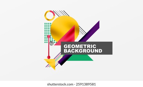 Geometric Abstract Background with Bold Shapes and Contrasting Colors. Circles, triangles, squares and lines with shadow effect