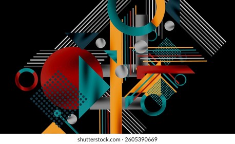 Geometric Abstract Background with Bold Shapes and Contrasting Colors. Circles, triangles, squares and lines with shadow effect