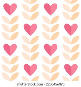 Geometric abstract background collection. Vector colorful illustration. Pink heart and yellow leaf shape texture for seamless backdrop. Design for valentines day, wedding textile and wrapping paper.