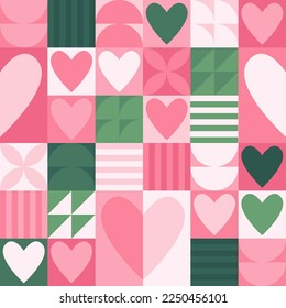 Geometric abstract background collection. Vector colorful illustration. Pink, green color heart shape texture for seamless backdrop. Design for valentines day, wedding textile and wrapping paper.