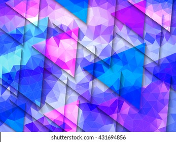 Geometric abstract background of colored transparent triangles. Polygonal pattern in blue and purple colors. Concept: advertising, business.