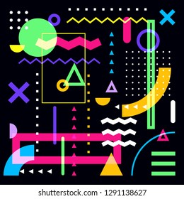 Geometric abstract background. Colorful vector trendy design elements on black background. Multicolor shapes set.