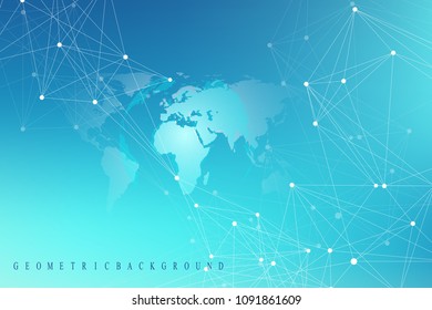 Geometric abstract background with connected line and dots. Graphic background with world map for your design. Vector illustration.