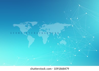 Geometric Abstract Background With Connected Line And Dots. Graphic Background With World Map For Your Design. Vector Illustration.