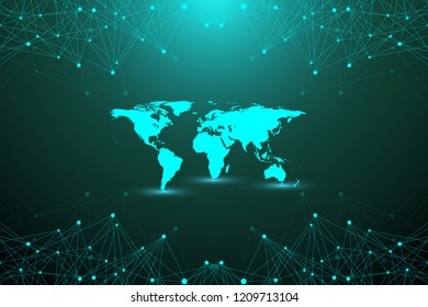 Geometric abstract background with connected line and dots. Network and connection background for your presentation. Graphic polygonal background. Scientific vector illustration