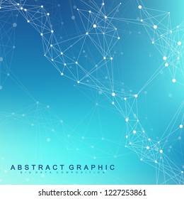Geometric abstract background with connected line and dots. Network and connection background for your presentation. Graphic polygonal background. Scientific vector illustration
