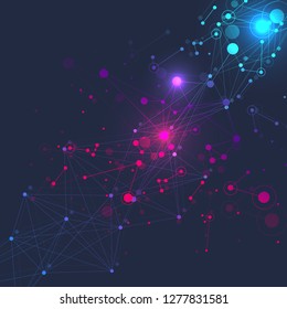Geometric abstract background with connected line and dots. Network and connection background for your presentation. Graphic polygonal background. Scientific vector illustration.