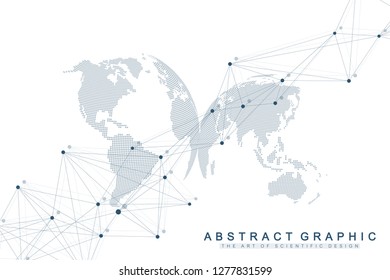 Geometric abstract background with connected line and dots. Network and connection background for your presentation. Graphic polygonal background. Scientific vector illustration.