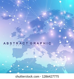 Geometric abstract background with connected line and dots. Network and connection background for your presentation. Graphic polygonal background. Scientific vector illustration