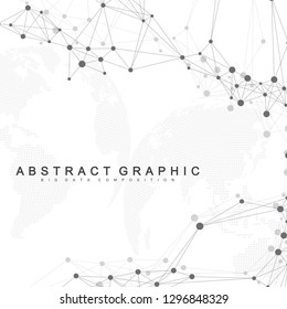 Geometric abstract background with connected line and dots. Network and connection background for your presentation. Graphic polygonal background. Scientific vector illustration.