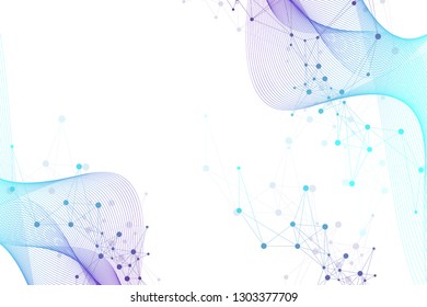 Geometric abstract background with connected line and dots. Network and connection background for your presentation. Graphic polygonal background. Wave flow. Scientific vector illustration