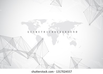 Geometric abstract background with connected line and dots. Network and connection background for your presentation. Graphic polygonal background. Scientific vector illustration