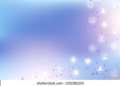 Geometric abstract background with connected line and dots. Network and connection background for your presentation. Science banner with molecules geometric background. Scientific vector illustration.