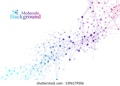 Geometric abstract background with connected line and dots. Network and connection background for your presentation. Science banner with molecules geometric background. Scientific vector illustration.