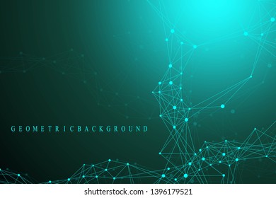 Geometric abstract background with connected line and dots. Network and connection background for your presentation. Science banner with molecules geometric background. Scientific vector illustration.