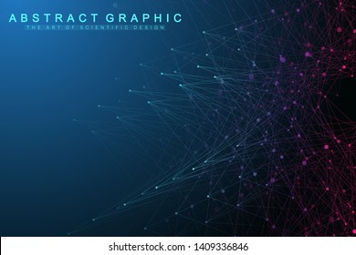 Geometric abstract background with connected line and dots. Network and connection background for your presentation. Science banner with molecules geometric background. Scientific vector illustration.