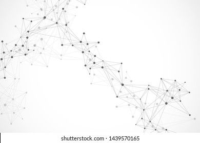 Geometric abstract background with connected line and dots. Network and connection background for your presentation. Graphic polygonal background. Scientific vector illustration.